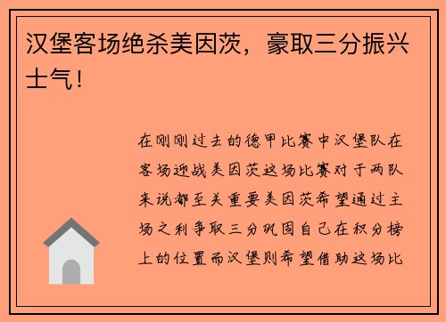 汉堡客场绝杀美因茨，豪取三分振兴士气！